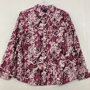 Basic Editions size 1X Purple White Floral Long Sleeve Buton Down Cotton Office